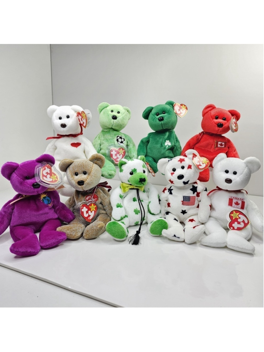 TY Beanie Babies Bear Lot of 9 Plush Bears w/ Tags Canada USA Shamrock Soccer